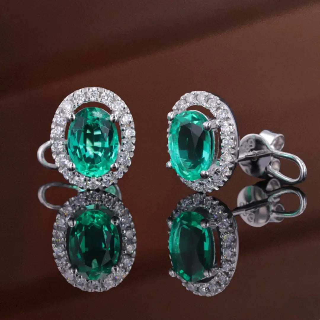 Lab-Grown Columbian Emerald & Diamond Oval Halo Studs in 14K Solid Rose Gold EADN USA, Canada, UK, Europe, EU, Australia, New Zealand, SG