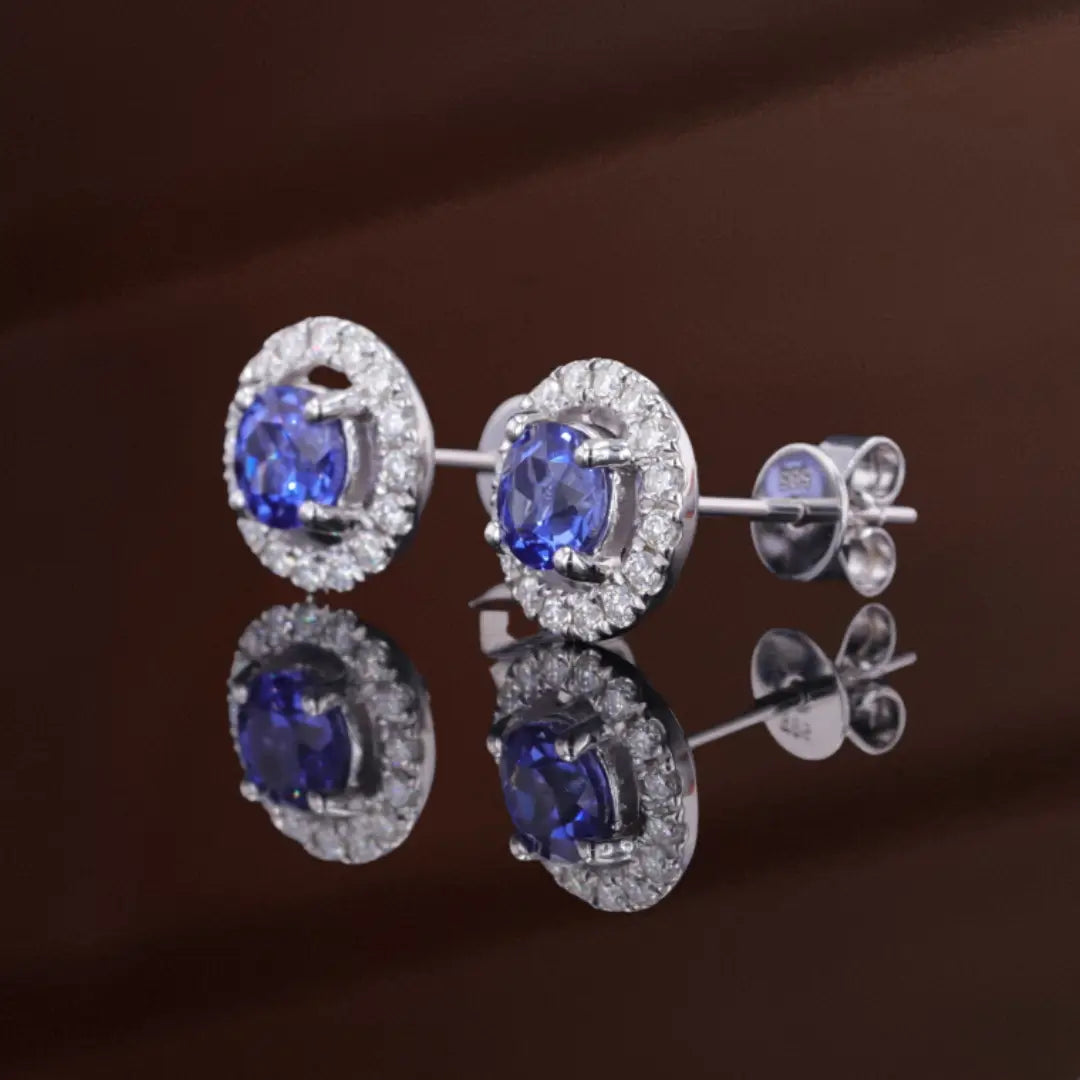 Lab-Grown Sapphire & Diamond Round Halo Studs in 14K Solid Rose Gold EADN USA, Canada, UK, Europe, EU, Australia, New Zealand, SG