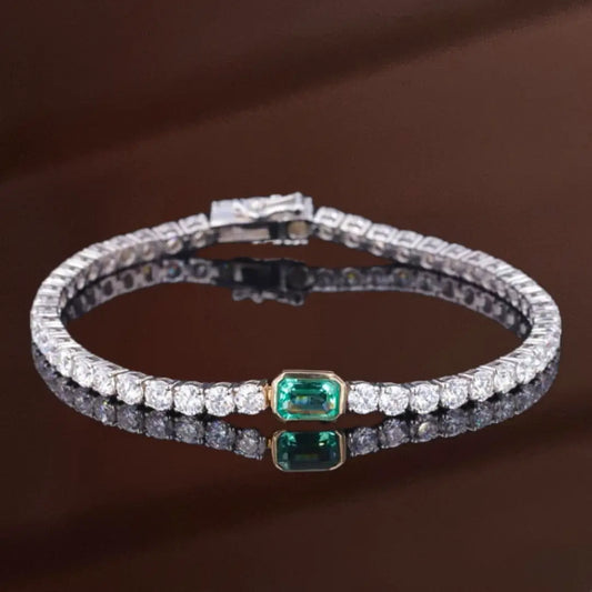 14K Solid Gold 7ct Lab-Grown Columbian Green Emerald Moissanite or Diamond Tennis Bracelet Round brilliant EADN USA, Canada, UK, Europe, EU,