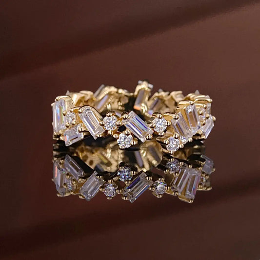 14K Solid Gold Moissanite Baguette & Round Brilliant Cut Cluster Eternity Band EADN Lab-Grown Diamond USA, Canada, UK, Europe, EU,