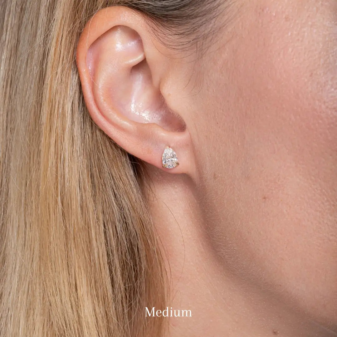 Soiree: 14K Gold Solitaire Moissanite Prong Stud Earrings - Pear Cut Teardrop EADN Lab-Grown Diamond USA, Canada, UK, Europe, EU, Australia,